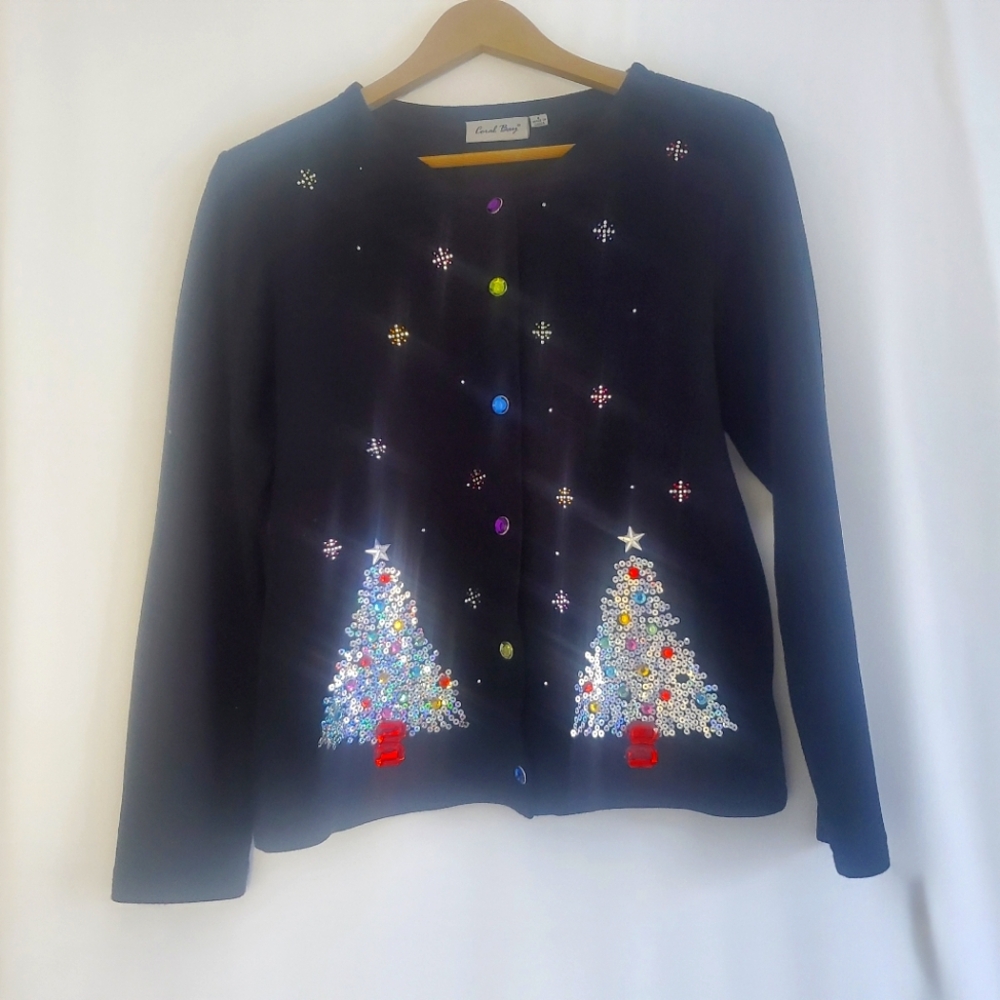 Coral Bay Women's Sz S Black bedazzled Holiday Lightweight Cardigan - Picture 7 of 10